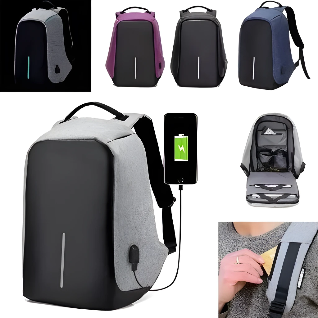 Mochila antirrobo gris y negra con puerto de carga USB y bolsillo en correa.