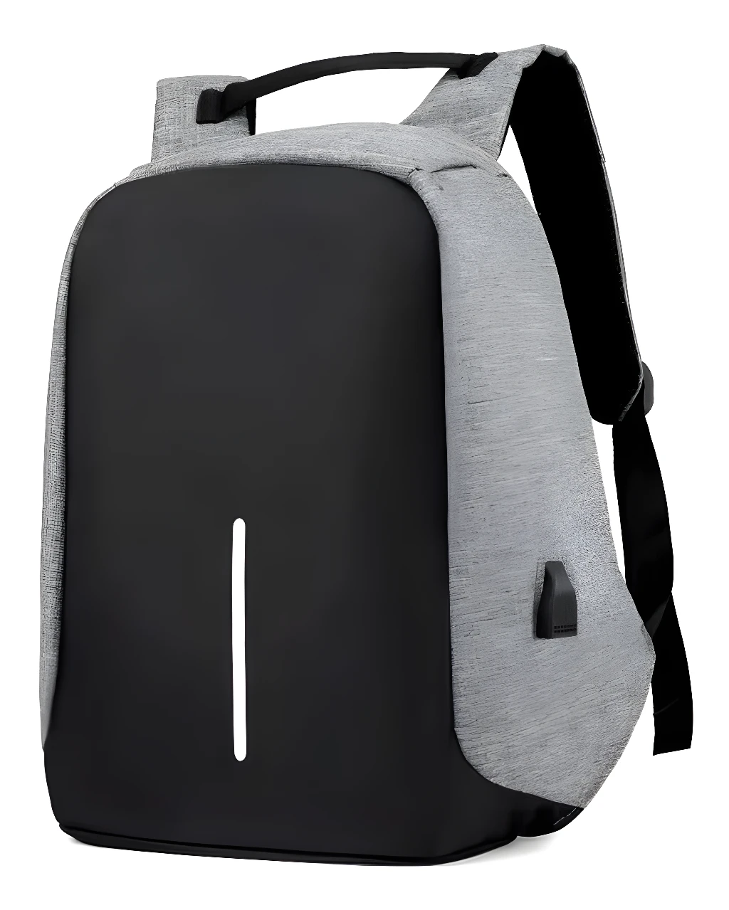 Morral antirobo gris y negro con puerto USB y diseño moderno.