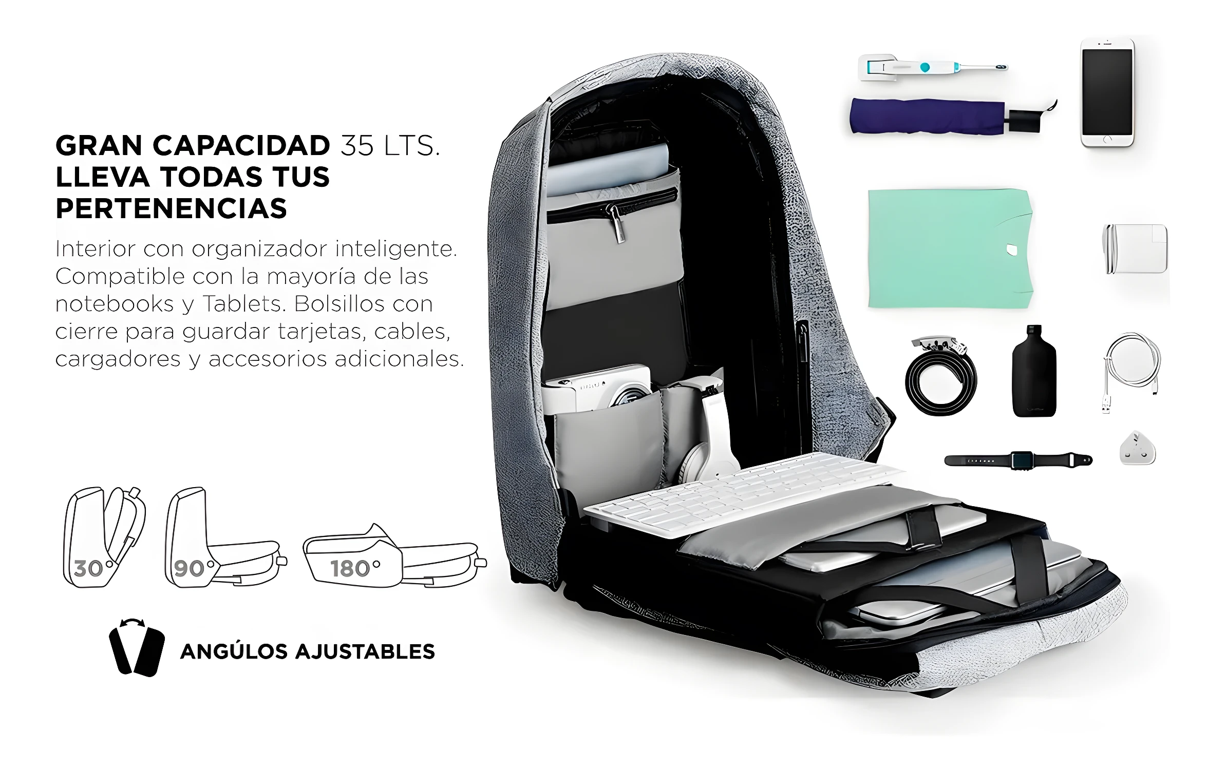 Mochila morral antirobo de gran capacidad 35L con organizador interno, perfecta para notebooks y tablets.