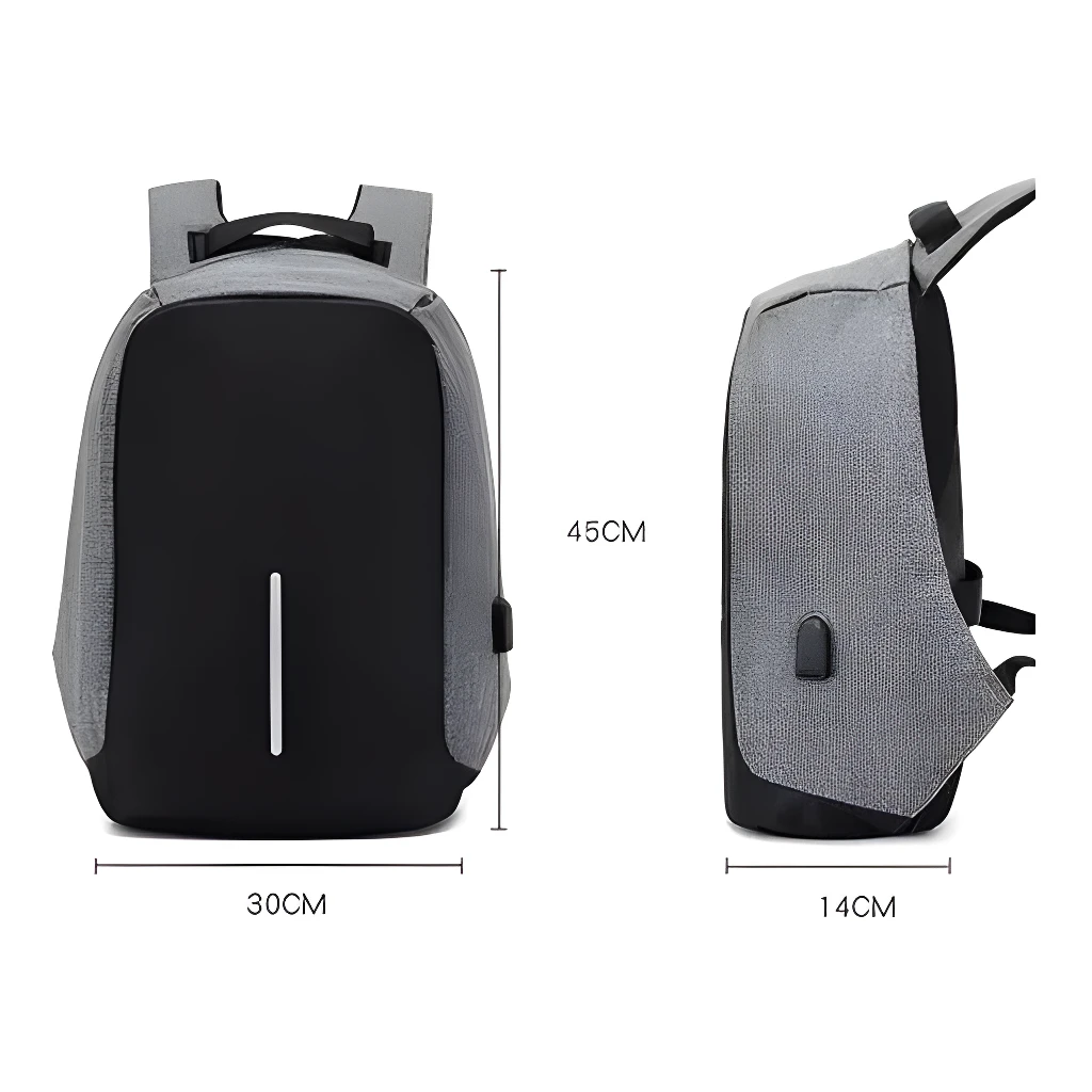 Mochila morral antirrobo gris con puerto USB, 45x30x14cm, ideal para viajes.