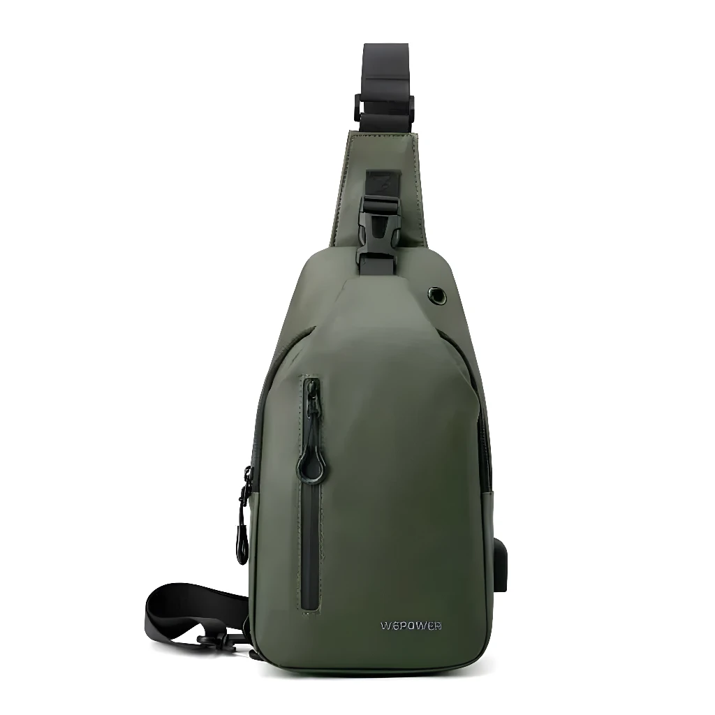 Bolso pechero verde militar con cargador USB y logo WEPOWER.