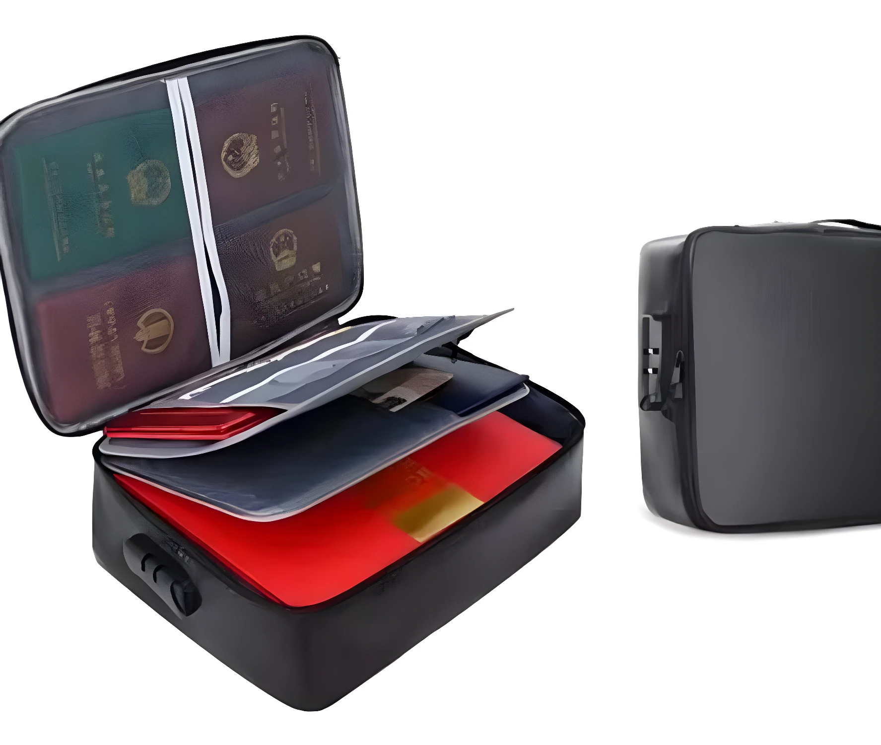 Bolso portapapeles negro con documentos y pasaportes, ideal para organizar y transportar.