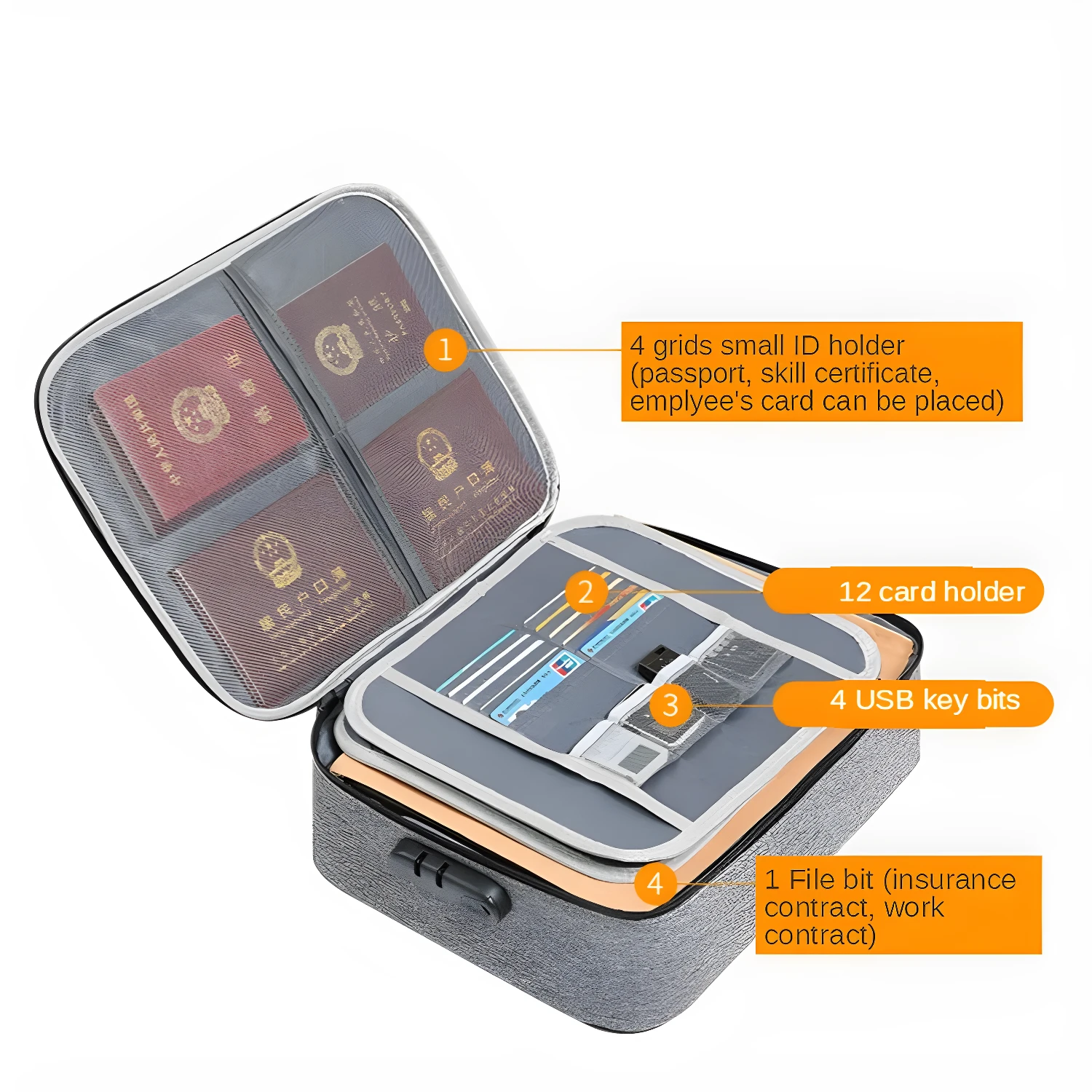 Bolso portapapeles con compartimentos para documentos, tarjetas, llaves USB y pasaportes.