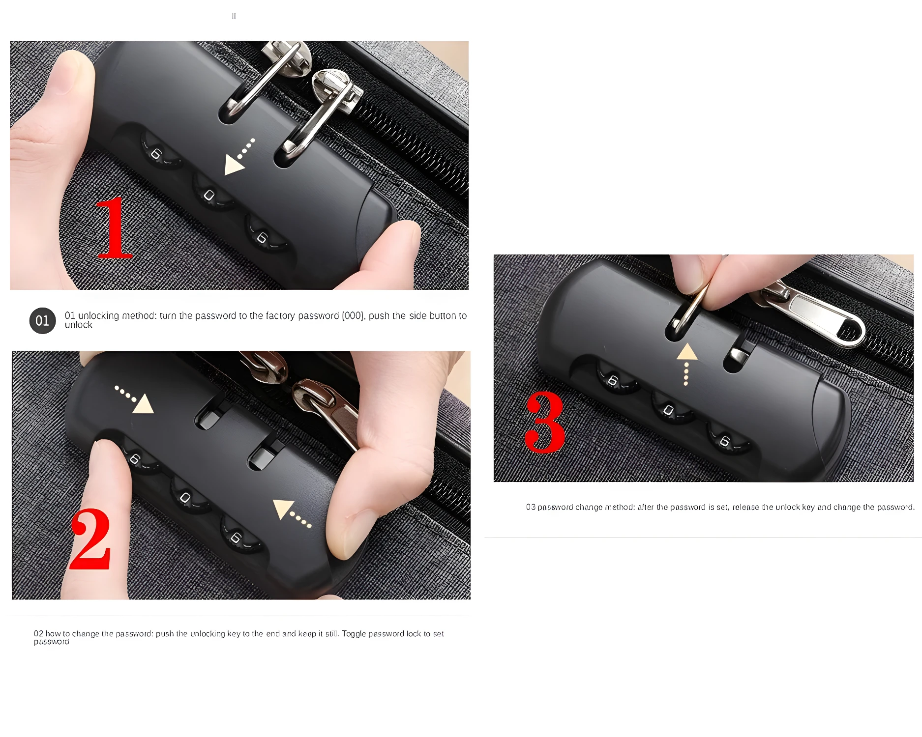 Bolso portapapeles negro con candado de combinación de 3 dígitos y manual de instrucciones.