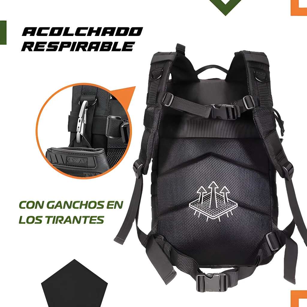 Bolso táctico deportivo negro con acolchado transpirable y ganchos en los tirantes.