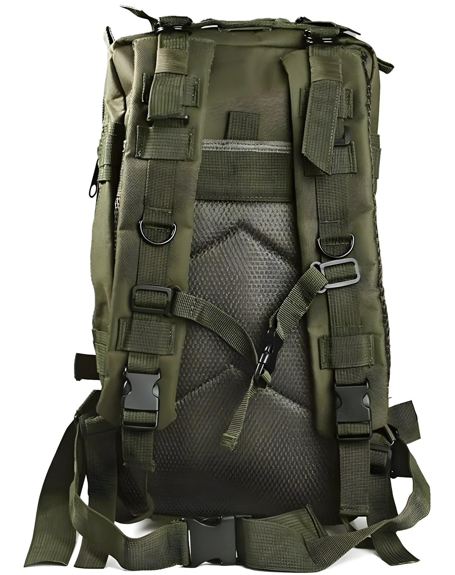 Bolso táctico deportivo verde con correas ajustables y acolchado en la espalda.