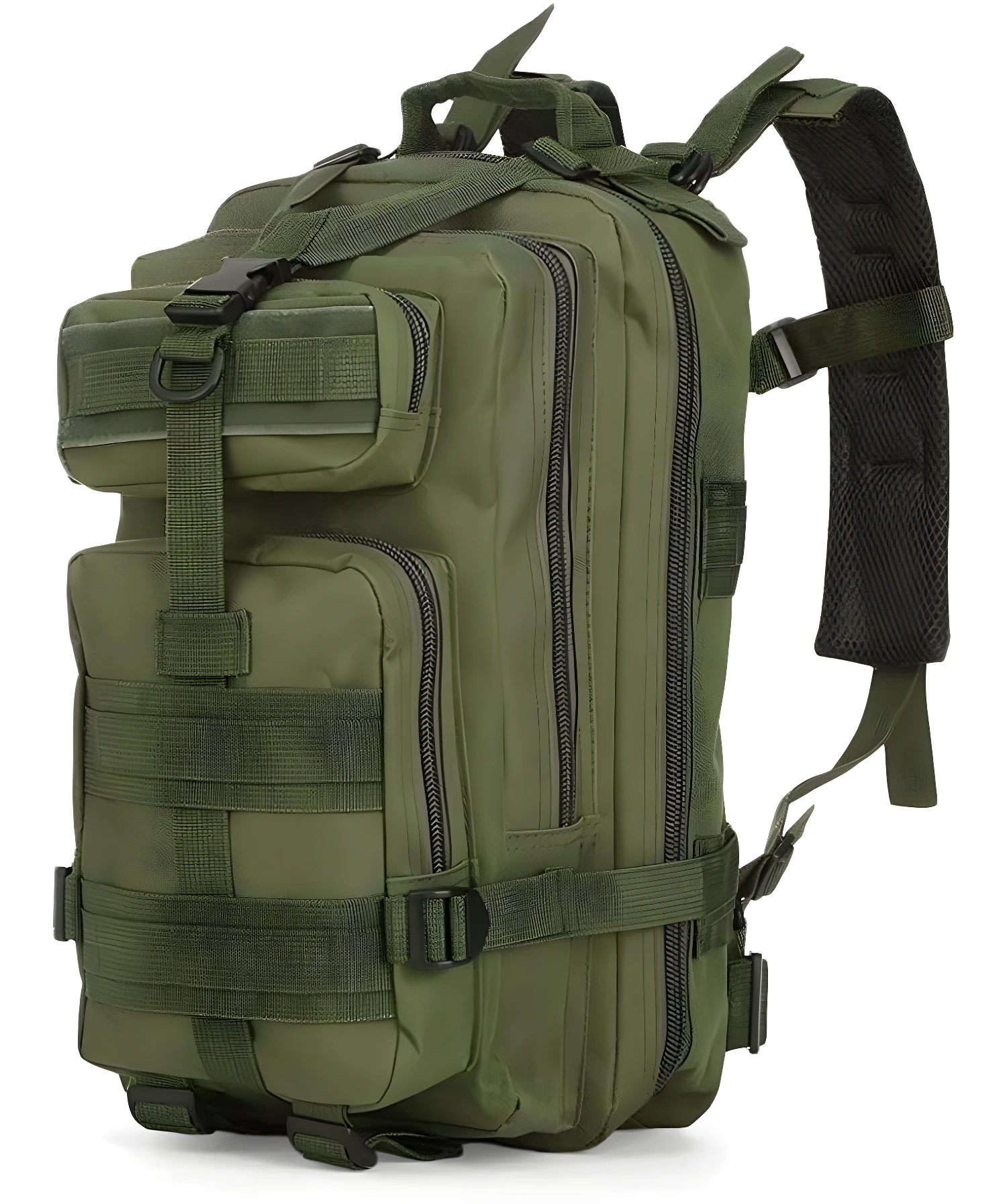Bolso táctico deportivo verde militar con múltiples compartimentos y correas MOLLE.