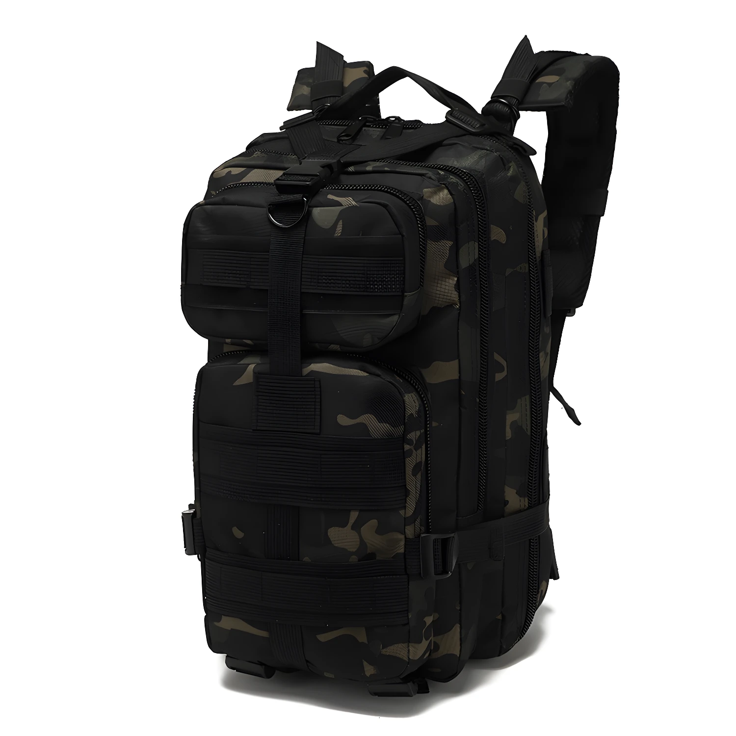 Bolso táctico deportivo camuflado con múltiples compartimentos y correas ajustables.