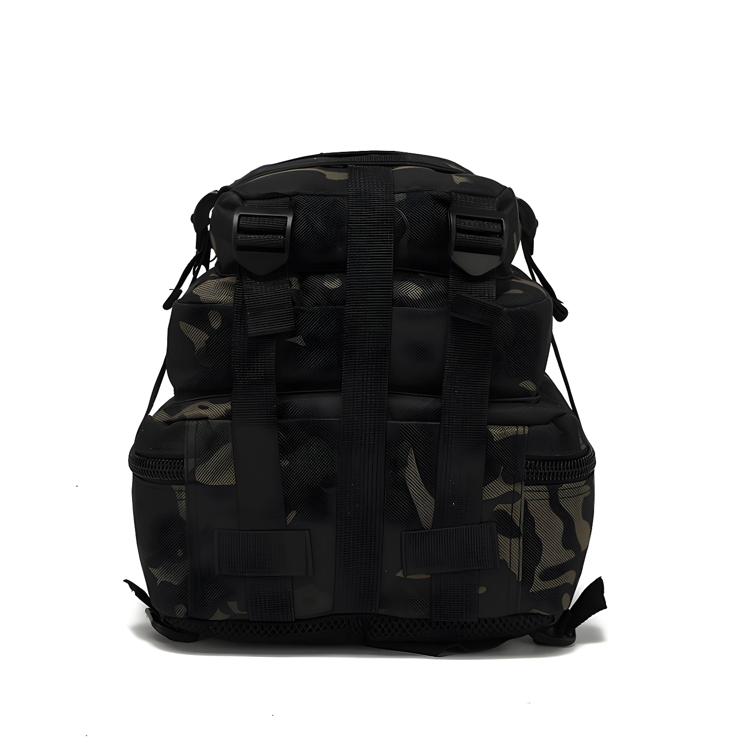 Bolso táctico deportivo camuflado negro con correas y hebillas negras.