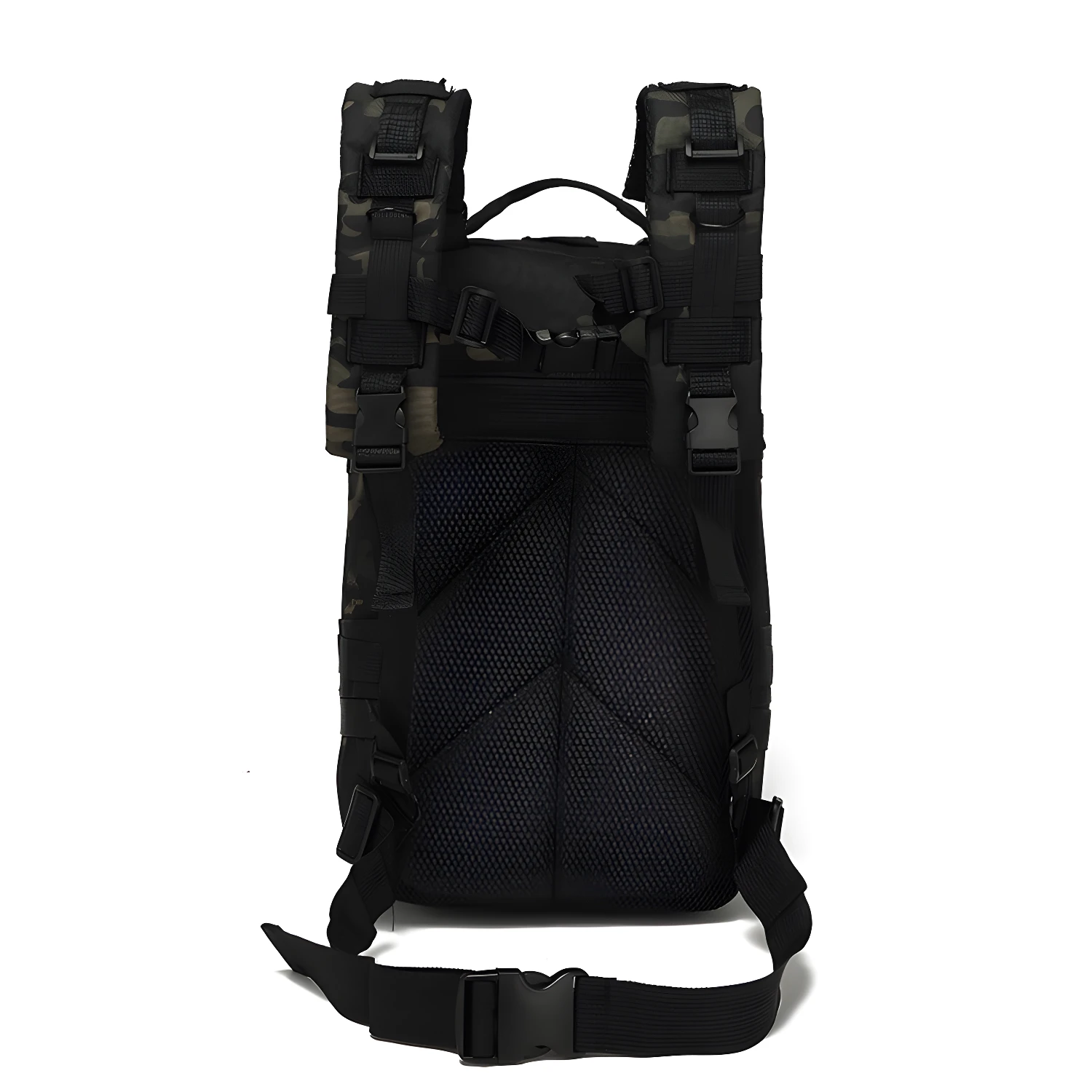 Bolso táctico deportivo con camuflaje, correas ajustables y panel trasero acolchado.