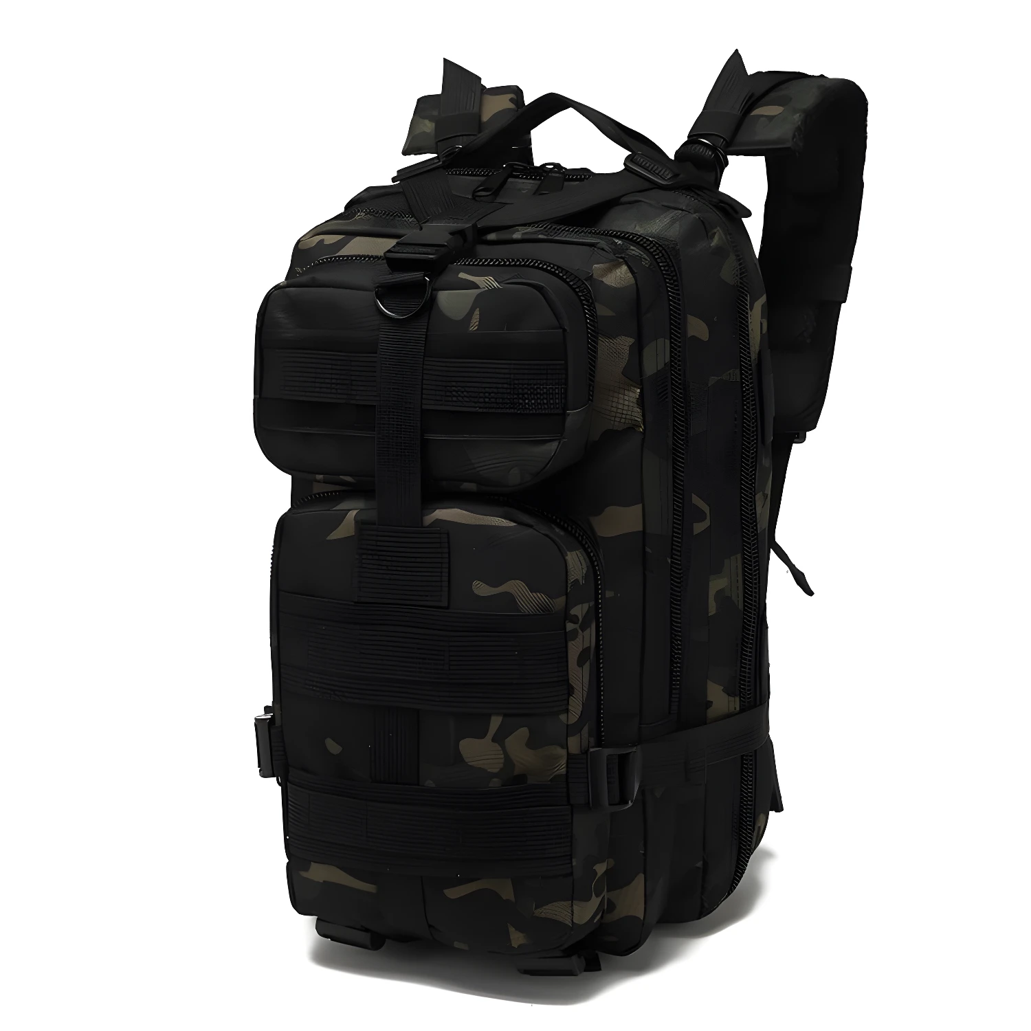 Bolso táctico deportivo camuflado con múltiples compartimentos y correas ajustables.