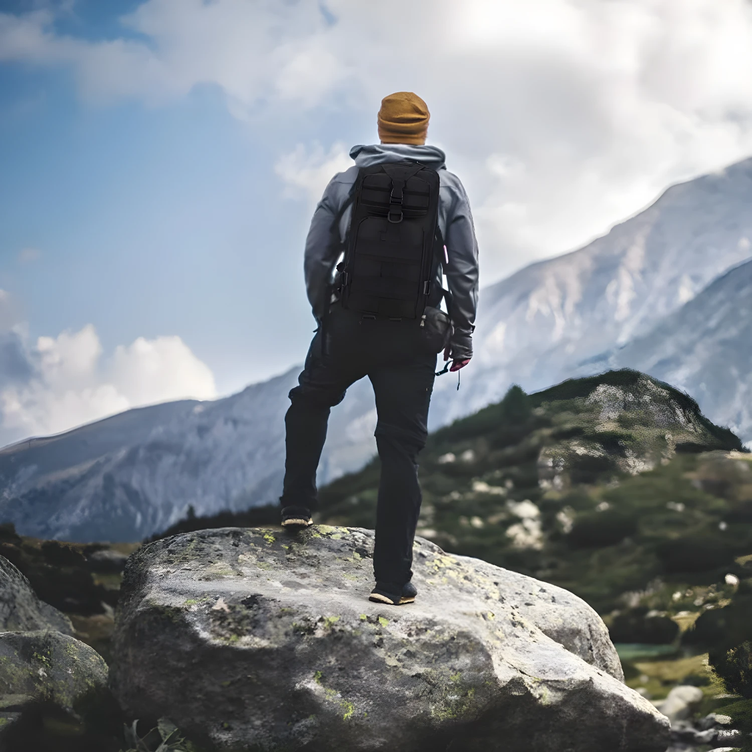 Bolso táctico deportivo para senderismo, explorando montañas con mochila.
