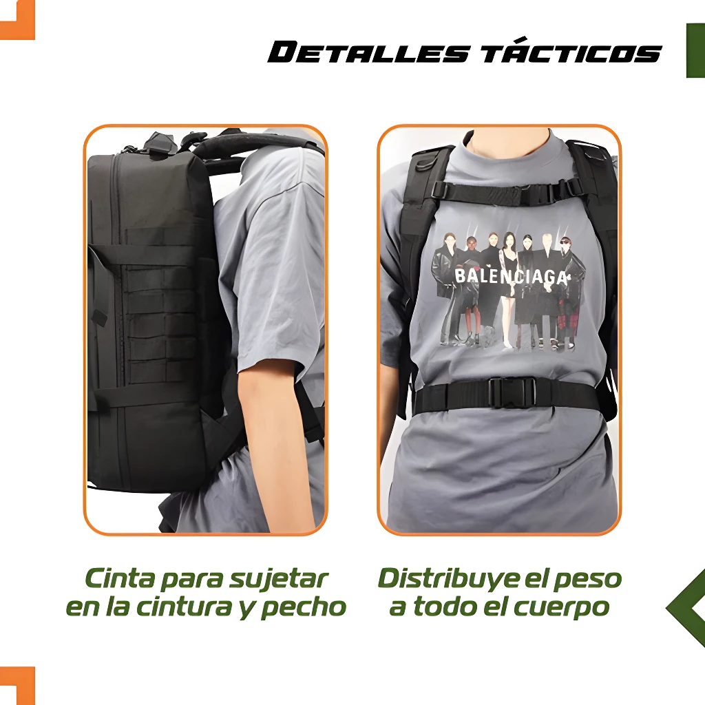 Bolso táctico deportivo: cintas de ajuste en cintura y pecho para distribuir el peso.