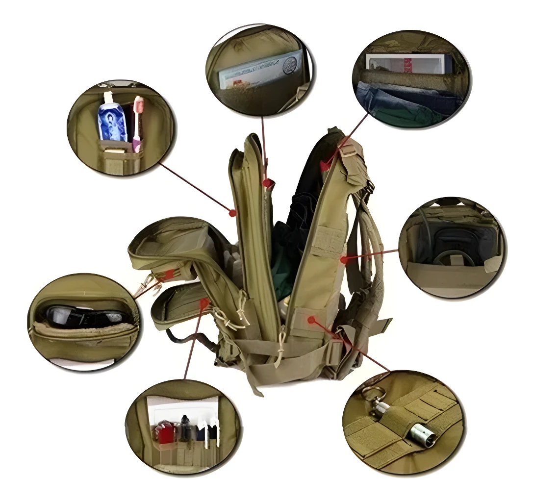 Bolso táctico deportivo color caqui con múltiples compartimentos visibles para organización.