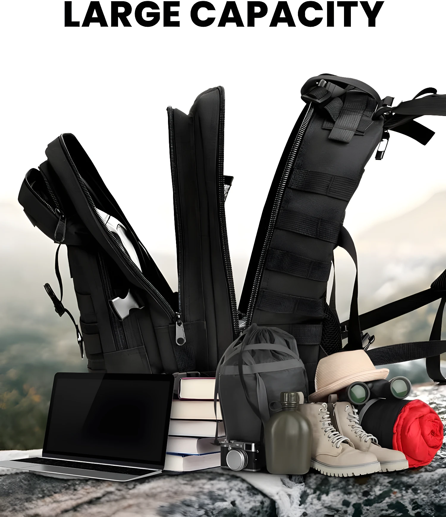 Bolso táctico deportivo negro de gran capacidad con laptop, libros y equipo de camping.