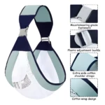 Fular portabebés azul con ajuste fácil y correas acolchadas de algodón.