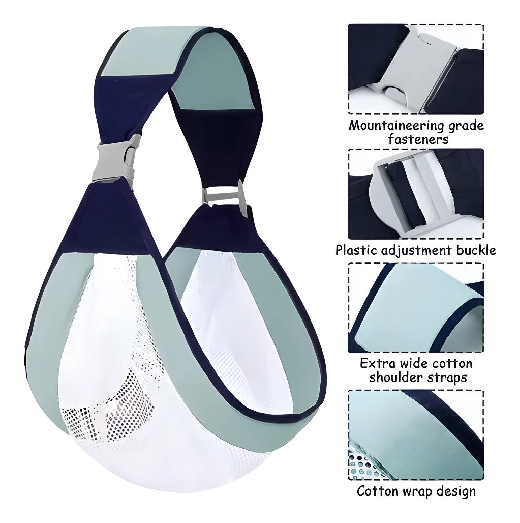 Fular portabebés azul con ajuste fácil y correas acolchadas de algodón.