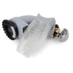 Cepillo aspiradora quita pelo para mascotas gris con compartimento transparente y baterías visibles.