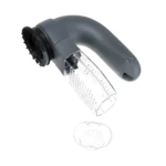 Cepillo aspiradora quita pelo de mascotas gris con recolector transparente.