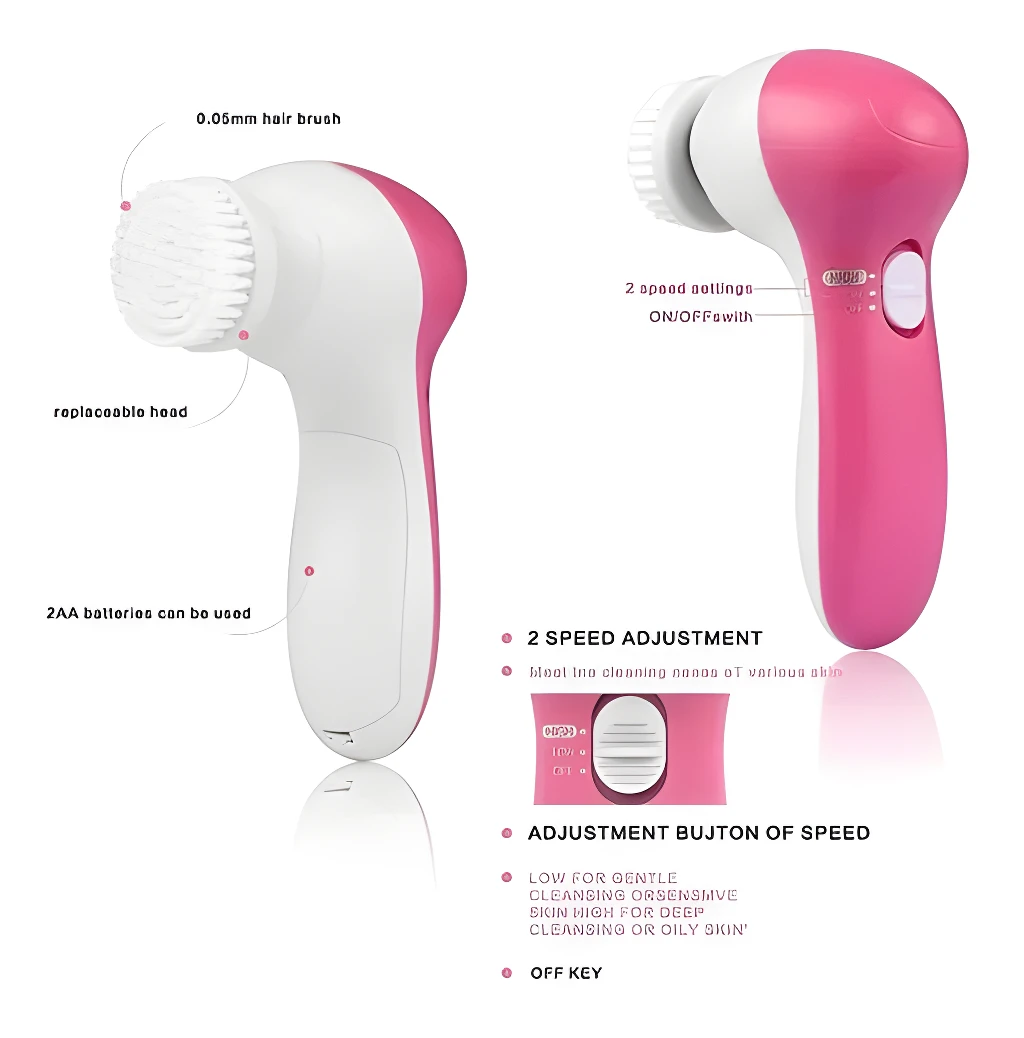 Cepillo facial 5 en 1 rosa con 2 velocidades para limpieza profunda de la piel.