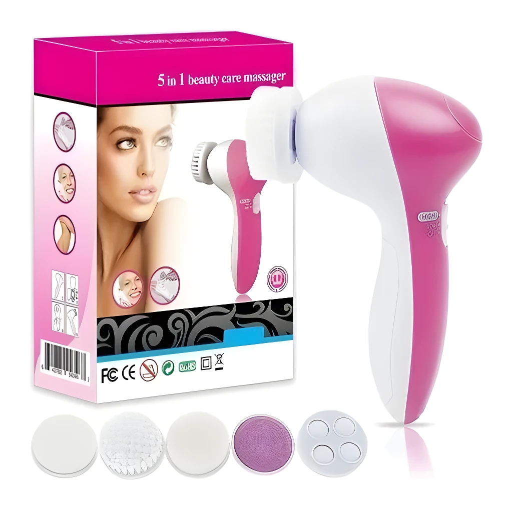 Cepillo masajeador facial 5 en 1 rosa y blanco con cabezales intercambiables.