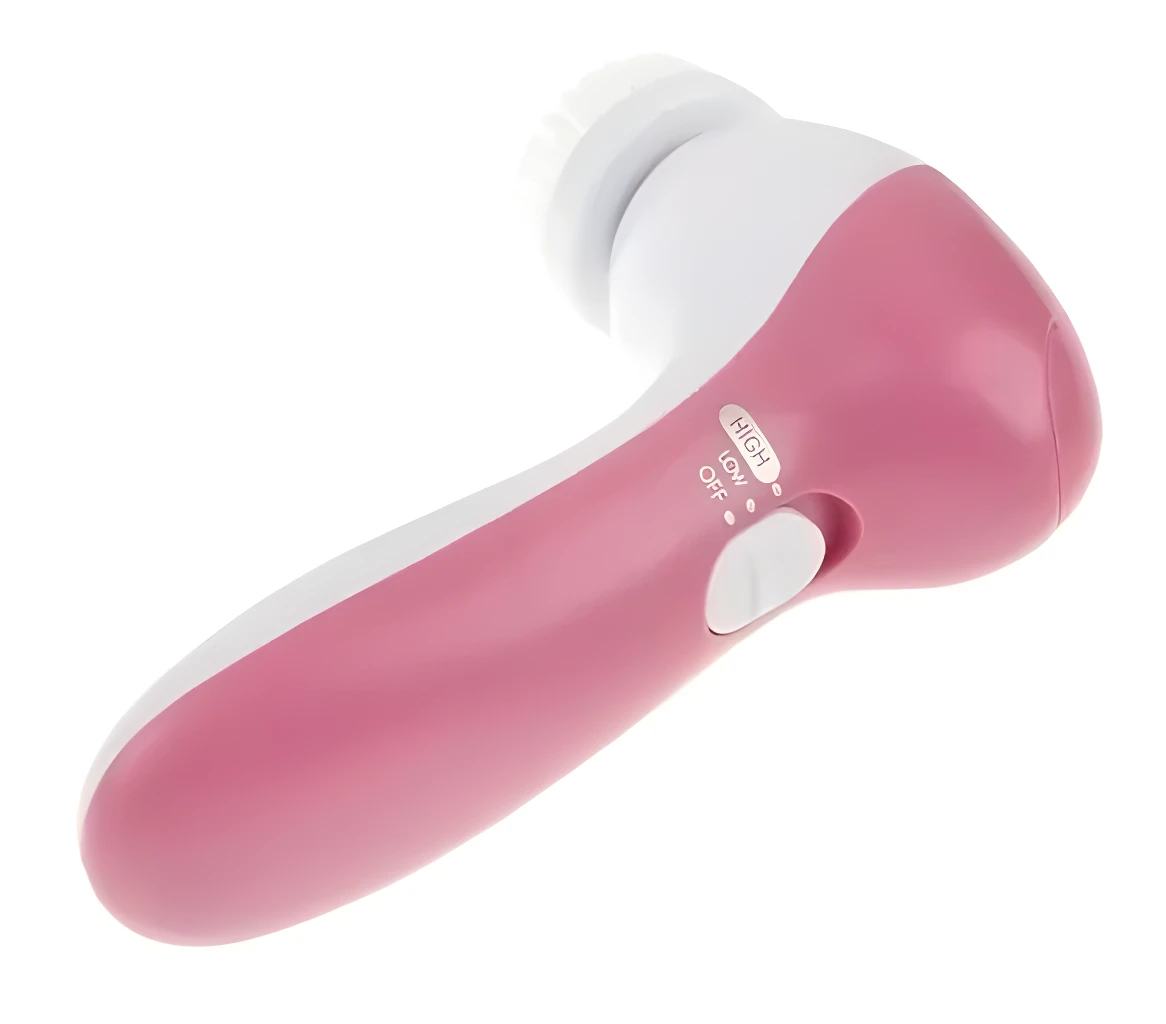 Cepillo masajeador facial 5 en 1 rosa y blanco con control de velocidad ajustable.