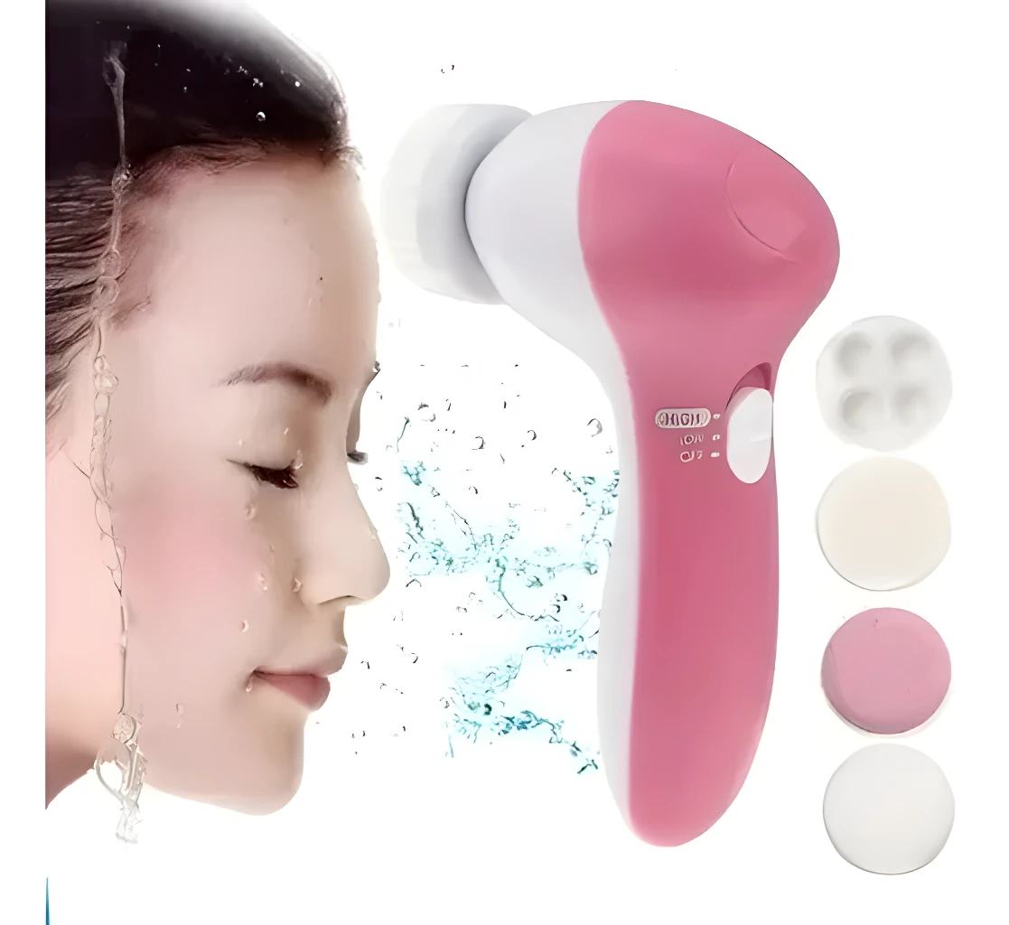 Cepillo masajeador facial 5 en 1 rosa, limpiador de piel y exfoliante con accesorios.