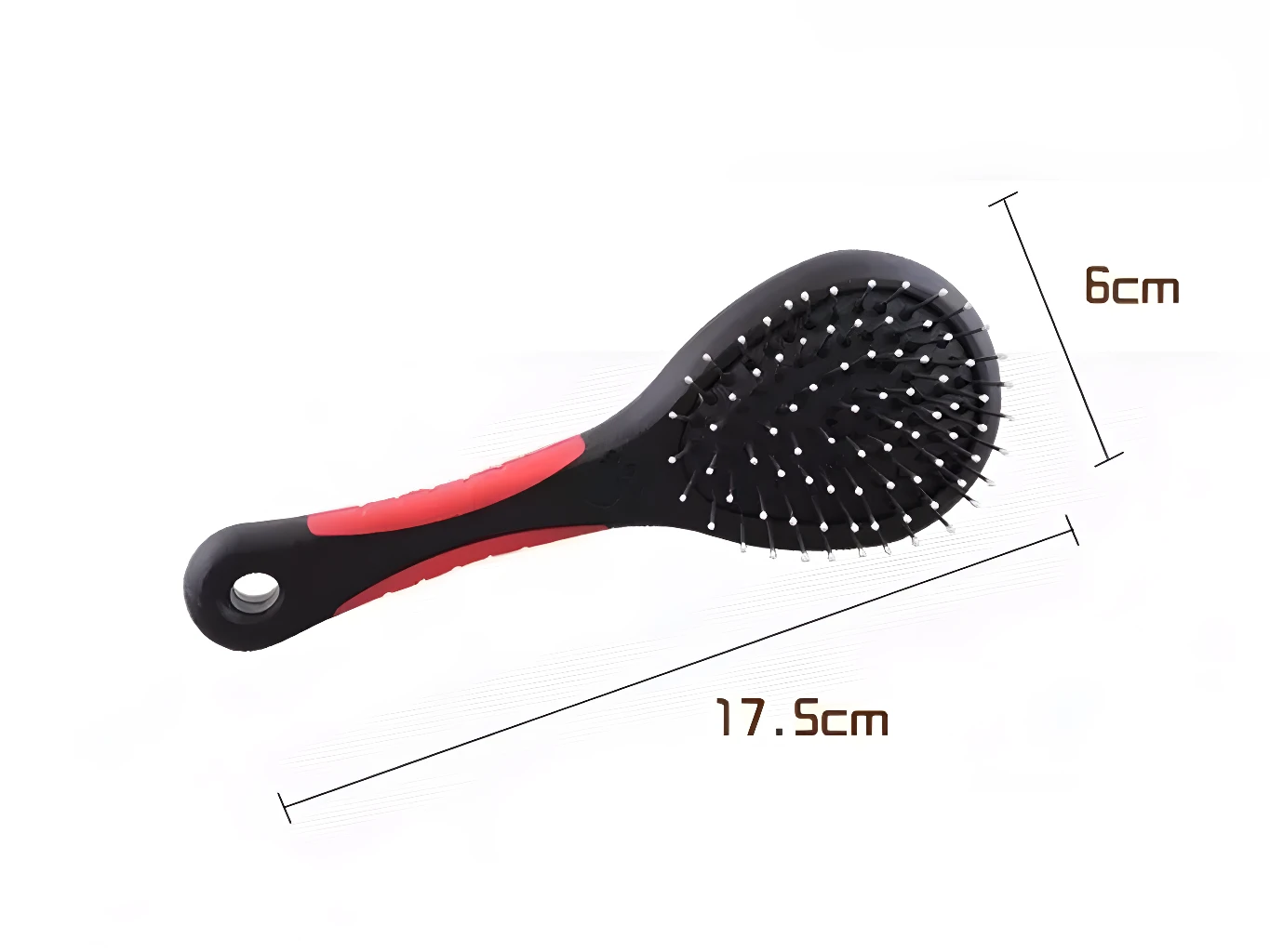 Cepillo para mascotas doble cara con medidas 17.5cm x 6cm, ideal para desenredar y masajear.