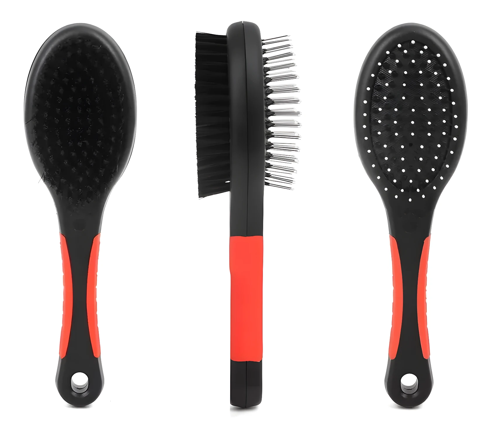 Cepillo para mascotas doble cara, uno con cerdas y otro con pines, mango ergonómico negro y naranja.