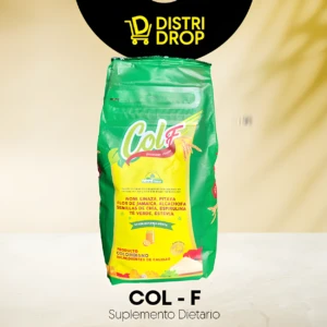 Bolsa verde de Colágeno Col-F, suplemento dietario con ingredientes colombianos, sabor a naranja menta.