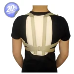 Corrector de postura espalda ajustable, con banda de ajuste y detalle de descuento del 20%.
