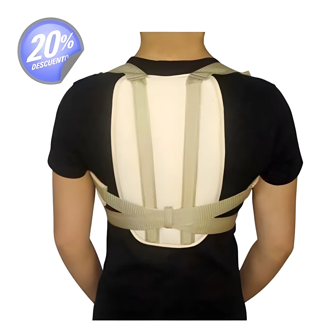 Corrector de postura espalda ajustable, con banda de ajuste y detalle de descuento del 20%.