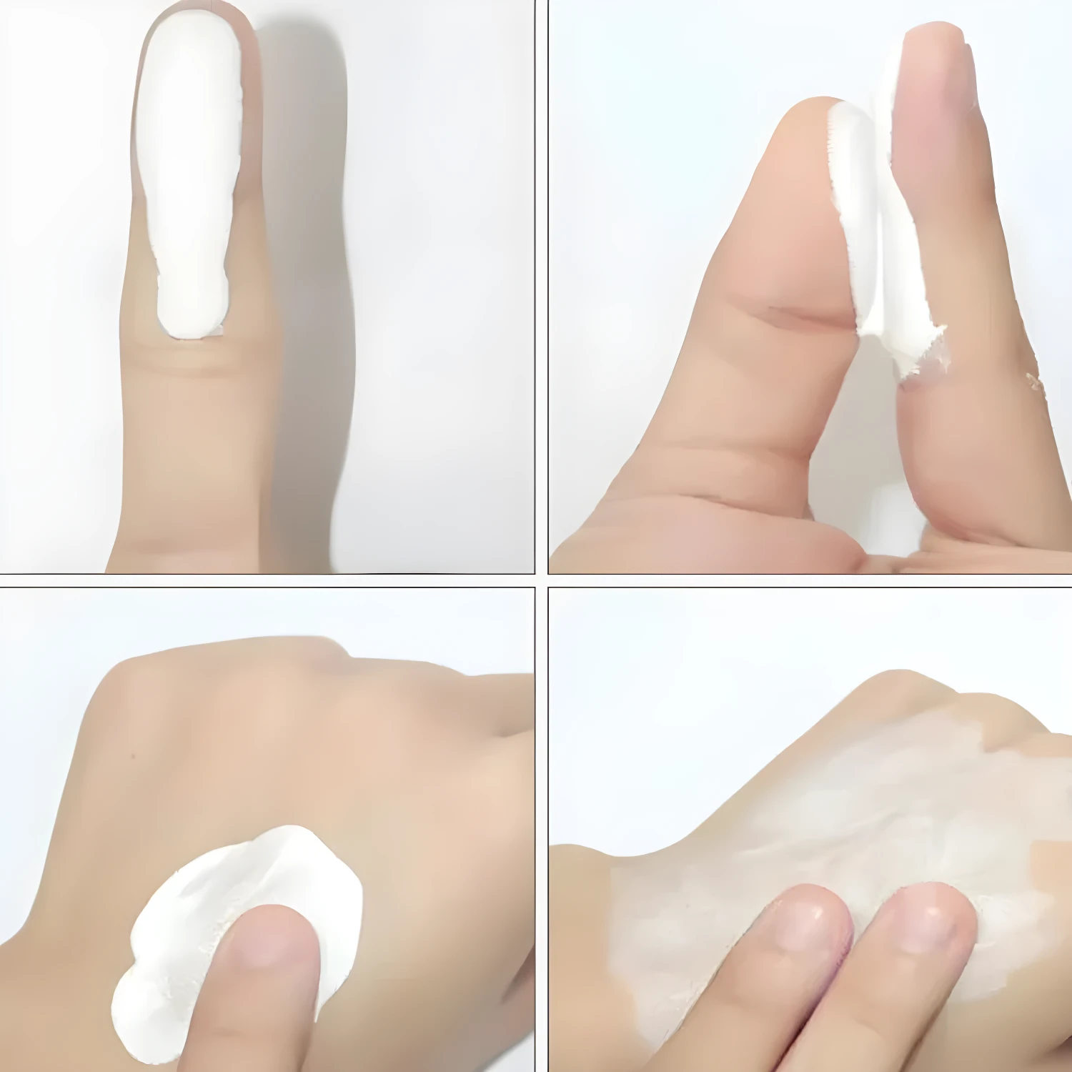 Crema Aclarante V7 aplicada en dedos y mano, textura suave y blanca.