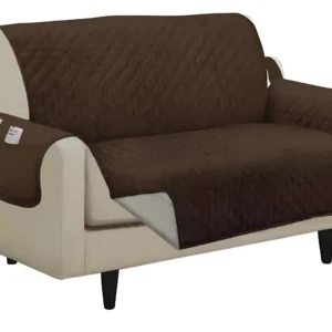 Cubre sofá de 2 puestos café con protectores para brazos, ideal para mascotas.