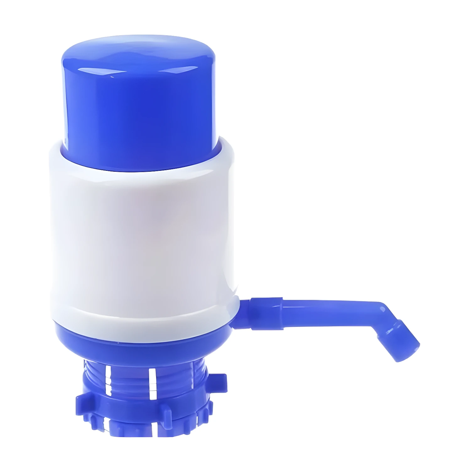 Bomba manual dispensadora de agua para botellón, con diseño azul y blanco.