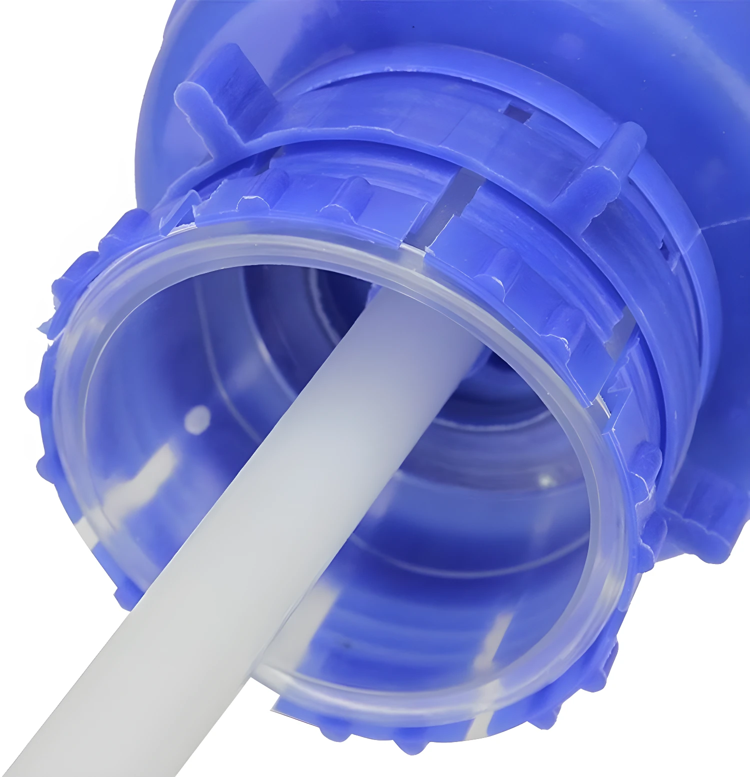 Bomba manual para botellón de agua, dispensador azul con tubo blanco.