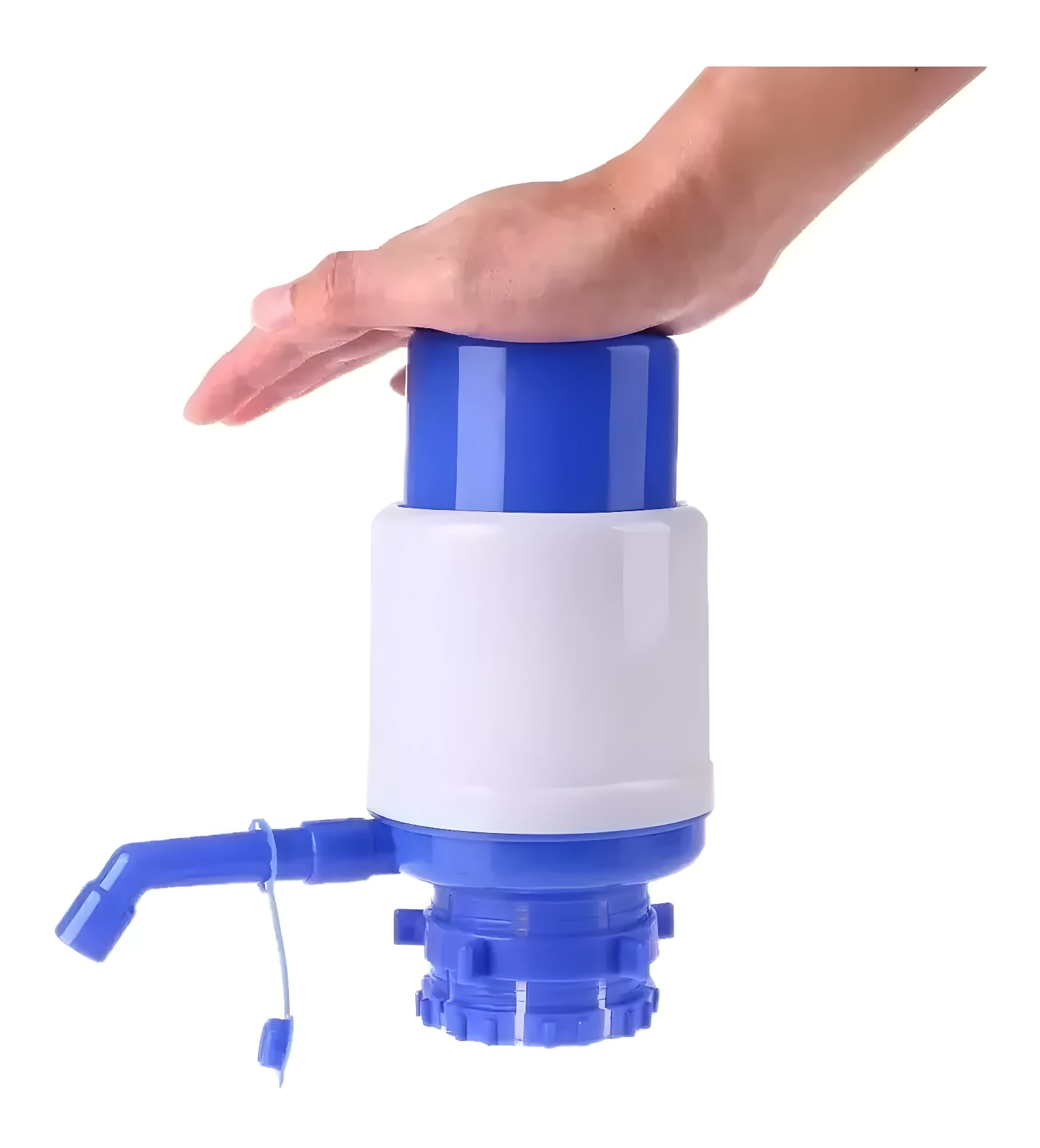 Bomba manual para dispensador de agua en botellón, acción de bombeo con mano.