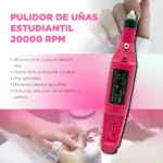 Pulidor de uñas eléctrico rosa 20000 RPM para manicura y pedicura, con lima y acabado profesional.