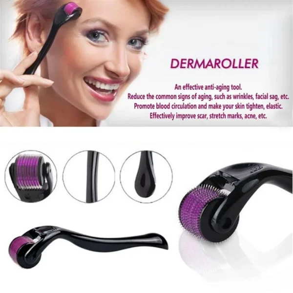 Dermaroller Rodillo Facial morado para reducir arrugas, estrías y acné, con microagujas y mango ergonómico.
