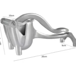 Exprimidor manual de frutas plateado con medidas, ideal para cítricos.