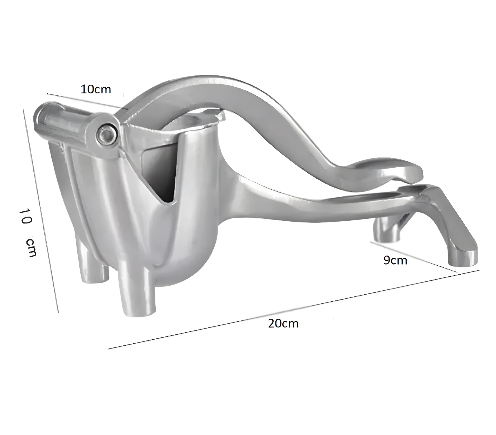 Exprimidor manual de frutas plateado con medidas, ideal para cítricos.