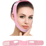 Faja facial reductora de papada rosa para lifting y contorno del rostro.