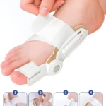 Férula corrector de juanete ajustándose al pie y dedo gordo con sistema de corrección en 4 pasos.