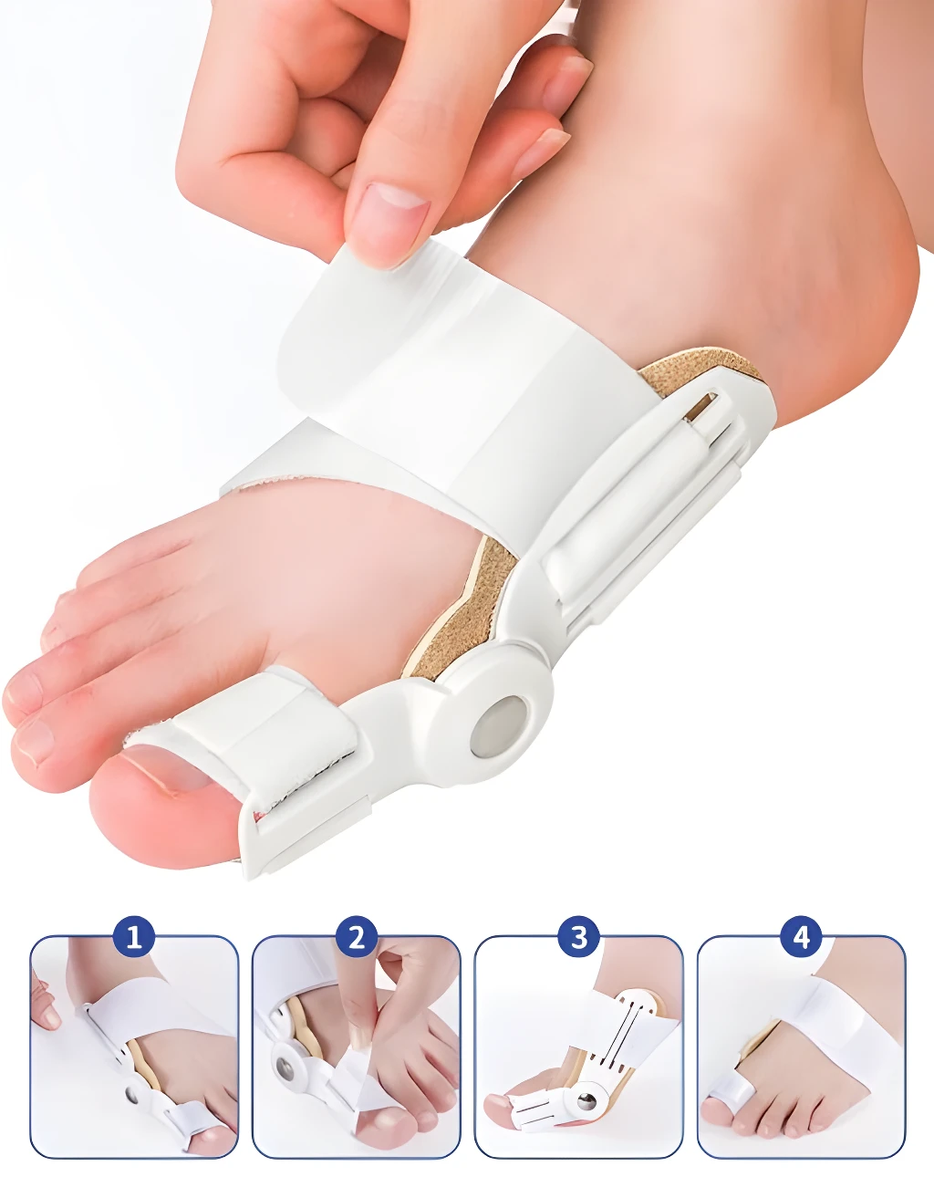Férula corrector de juanete ajustándose al pie y dedo gordo con sistema de corrección en 4 pasos.