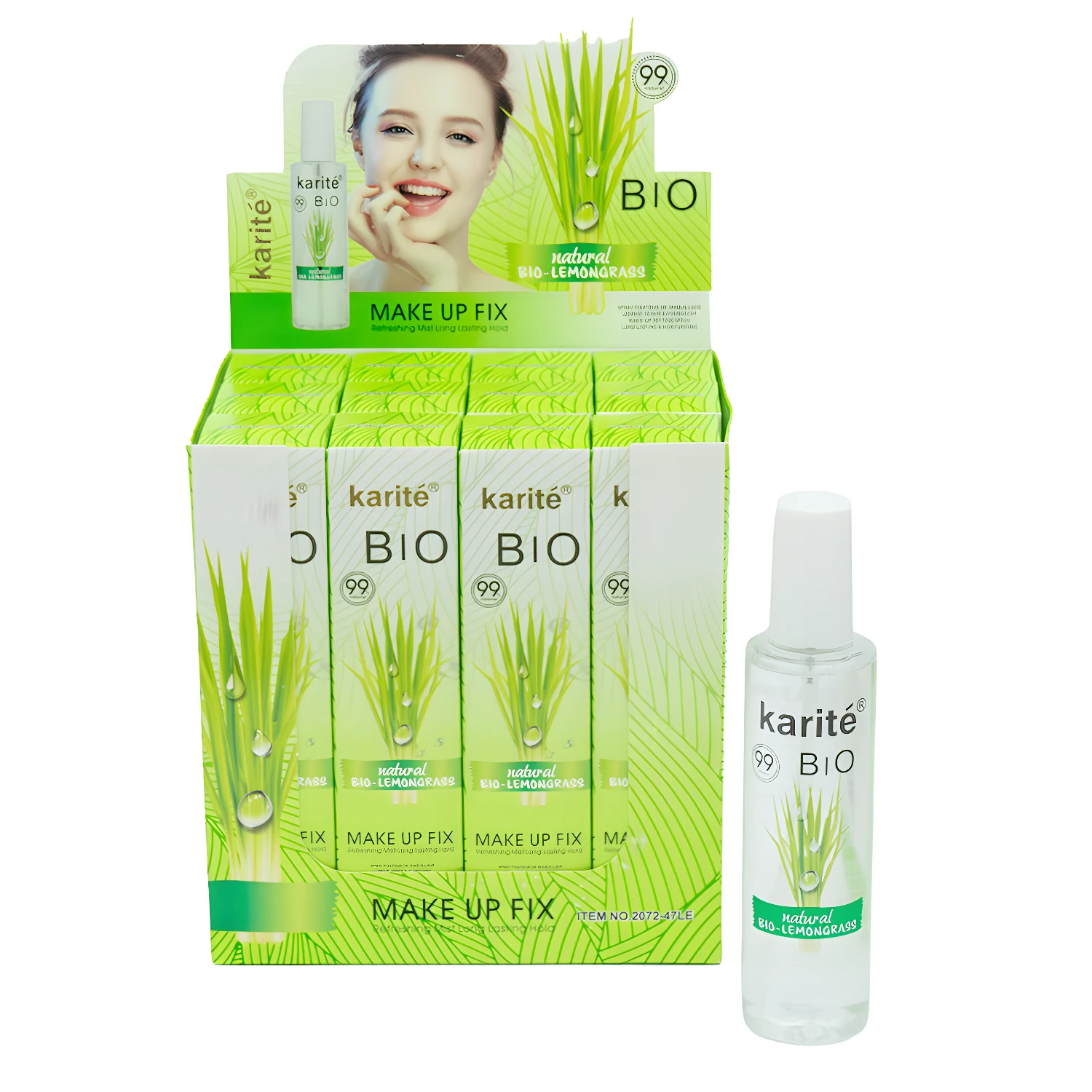 Fijador de maquillaje Karité Bio Lemongrass, botella transparente con hierba verde.
