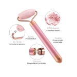 Masajeador facial eléctrico de cuarzo rosa natural Flawless Contorn con mango metálico.