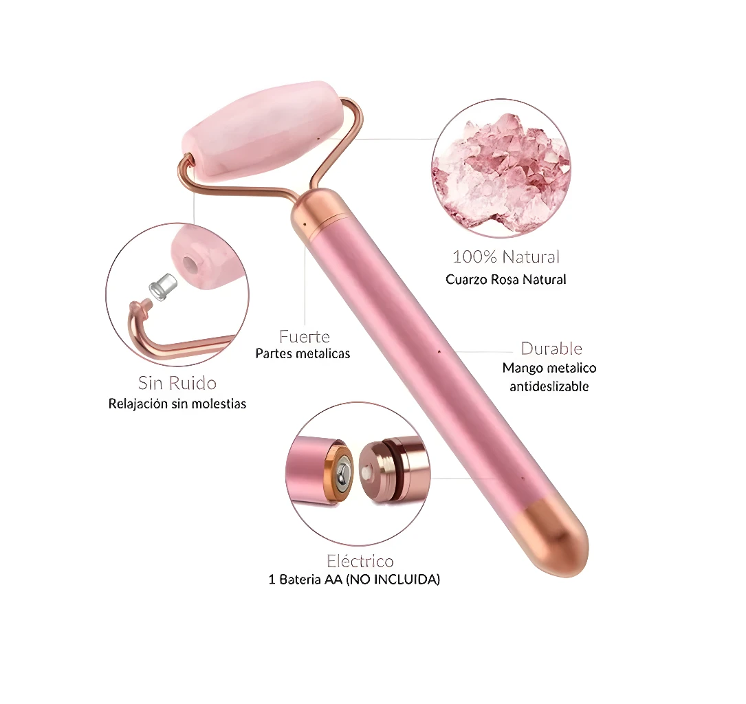 Masajeador facial eléctrico de cuarzo rosa natural Flawless Contorn con mango metálico.
