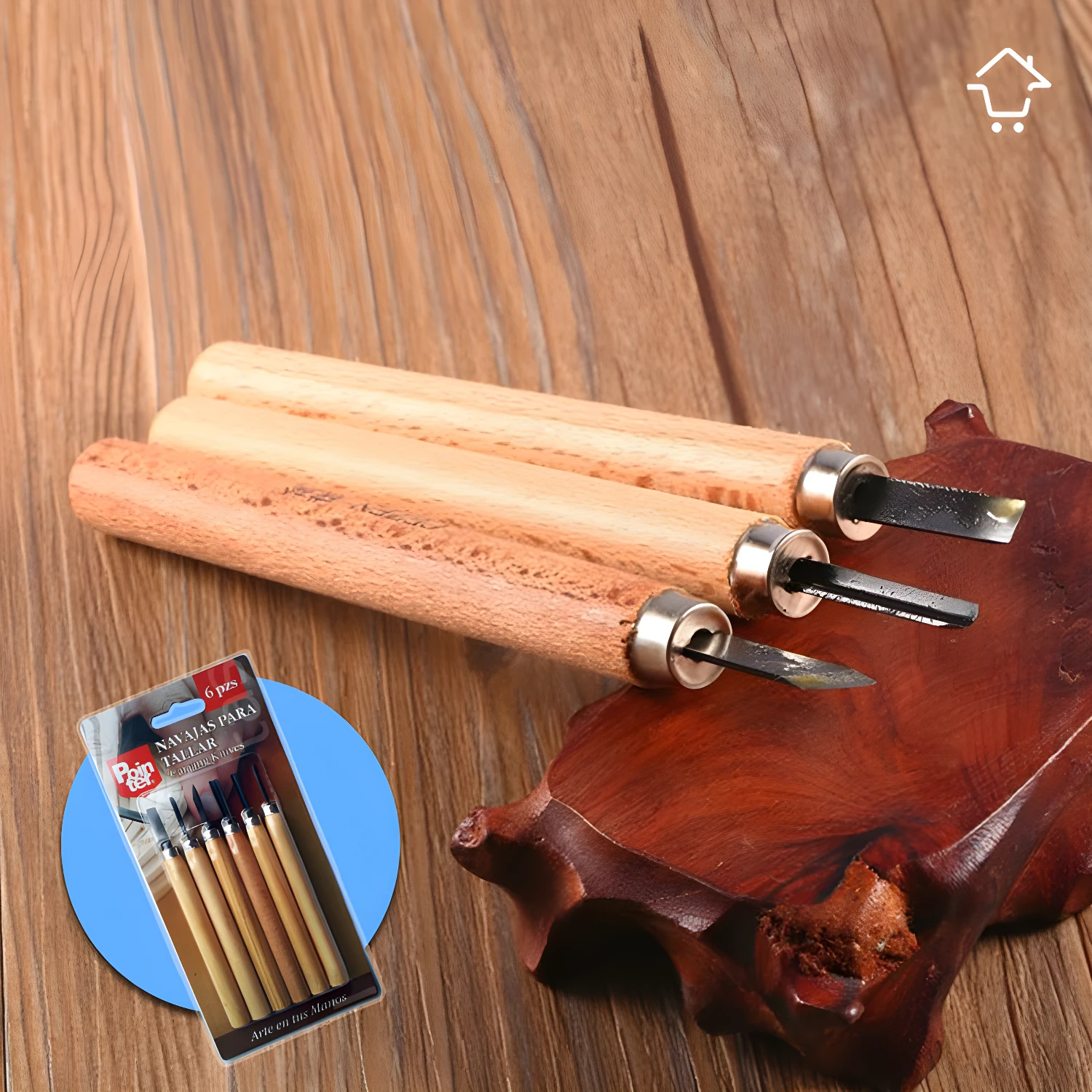 Set de 6 gubias para tallar madera y jabón, con mangos de madera.