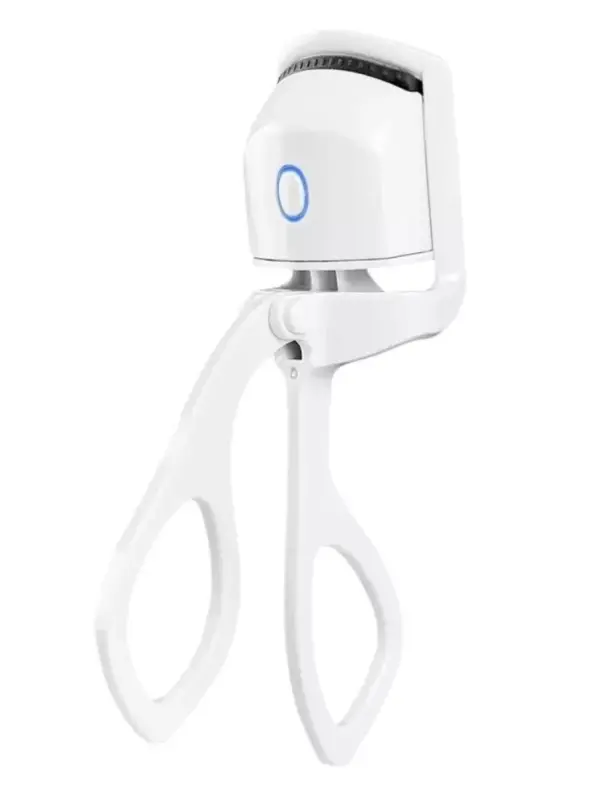 Rizador de pestañas eléctrico blanco con detalle de botón azul, aislado sobre fondo blanco.