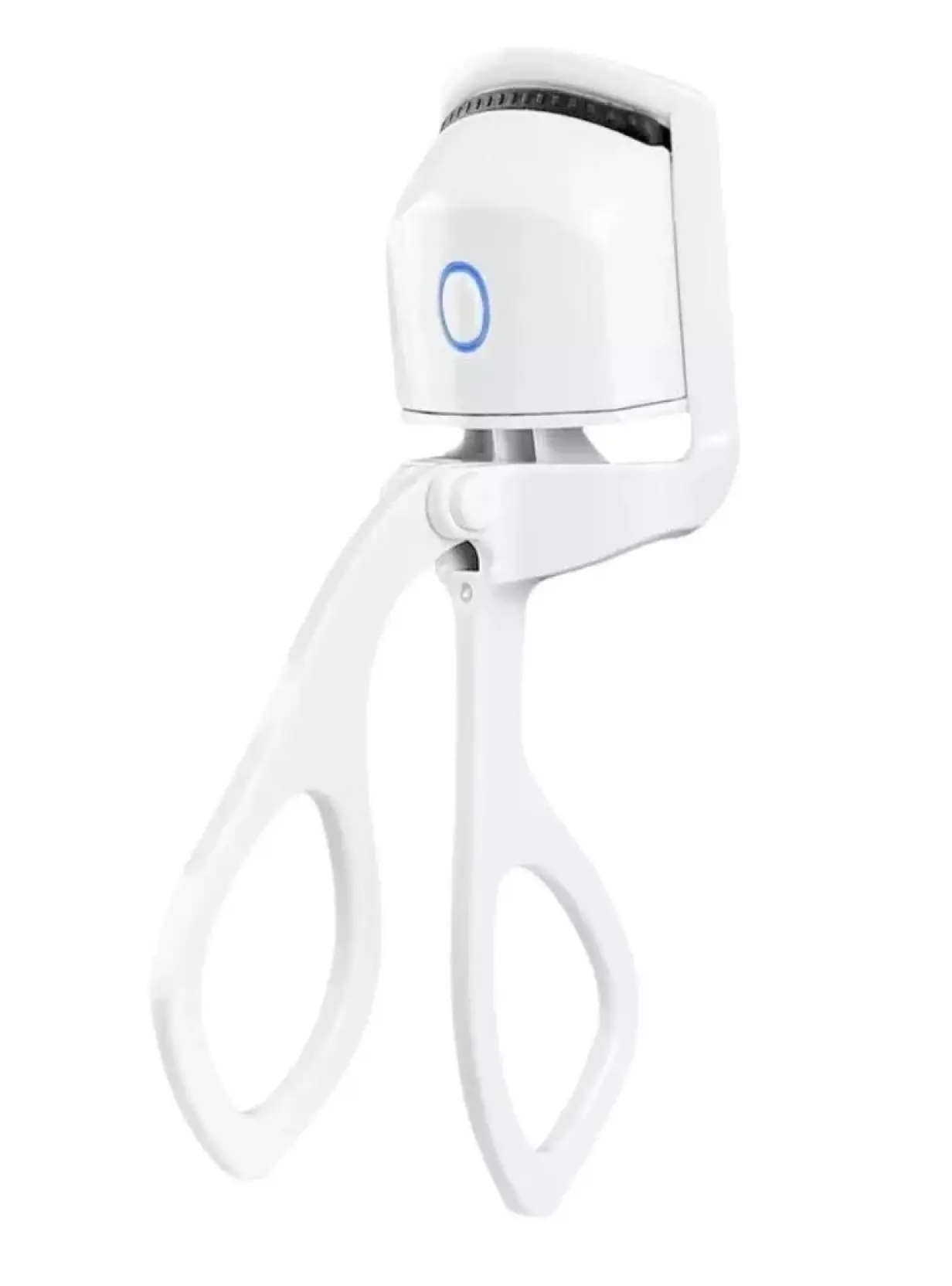 Rizador de pestañas eléctrico blanco con detalle de botón azul, aislado sobre fondo blanco.